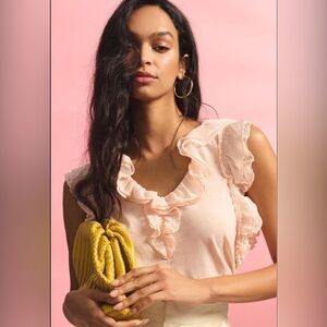 ANTHROPOLOGIE | Pink | Ruffled | Sleeveless | V-Neck | T-Shirt Blouse | Size M